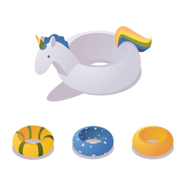 Isometric unicorn swimming ring. Set of colorful travel accessorioes Isometric unicorn swimming ring. Set of colorful travel accessorioes matrass stock illustrations