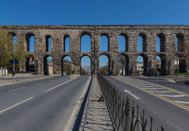 Old stone aqueduct and blooming magnolias in Istanbul Turkey