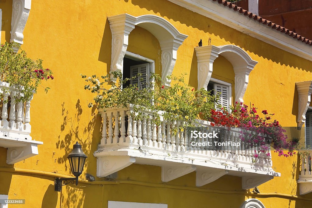 Detail of a colonial house. balcony with flowers and plants  Colombia Stock Photo