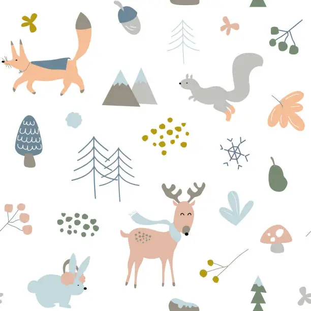Vector illustration of Vector Kids, Children or Infants Seamless Repeat Pattern, Winter Forest Animal Theme