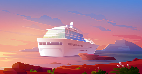 Cruise ship in ocean at sunset. Summer luxury vacation on cruise liner. Vector cartoon illustration of tropical landscape with passenger ship in harbor and pink evening sky