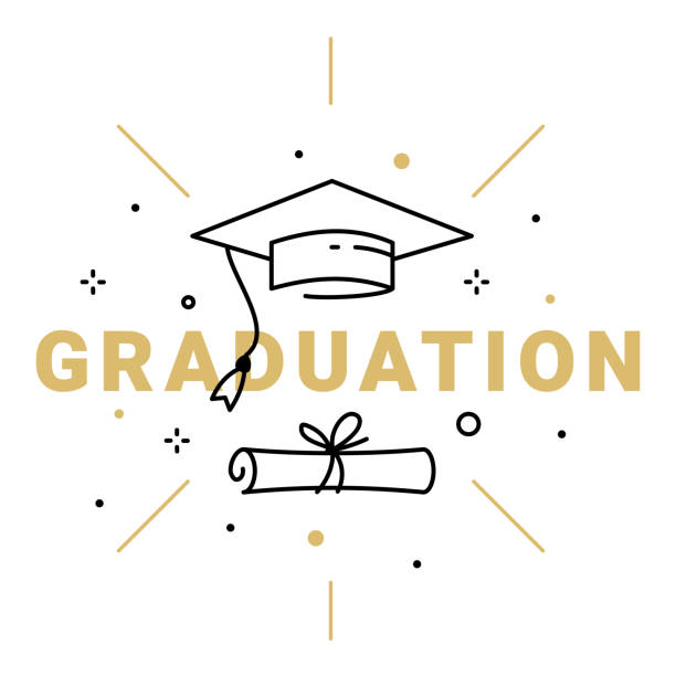 illustrazioni stock, clip art, cartoni animati e icone di tendenza di illustrazione vettoriale della laurea in parola d'oro con berretto da laureato e diploma su sfondo bianco. congratulazioni classe di laurea. - wisdom university single word student