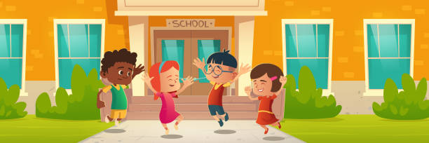 Happy children in front of school building Happy children in front of school building. Back to school or holidays. Vector cartoon illustration of jumping group of kids, white girl, asian and black boys have fun schoolhouse stock illustrations