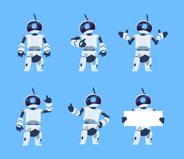 nette roboter. cartoon android zeichenset, futuristische maschine mit verschiedenen posen. vektorisolierte objekte - roboter stock-grafiken, -clipart, -cartoons und -symbole