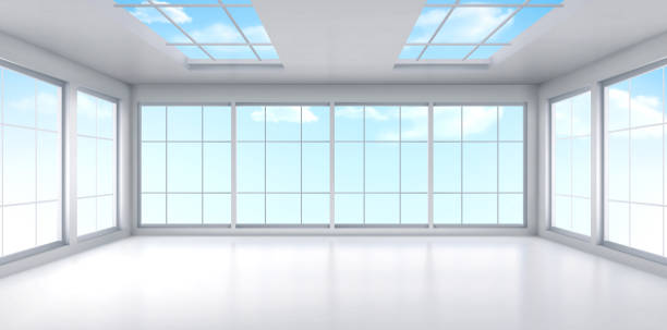 Empty office room interior with windows on ceiling Empty office with large windows on ceiling and floor. Room interior in white colors. Internal structure of modern city architecture, inner design project visualization Realistic 3d vector illustration ceiling illustrations stock illustrations