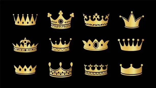 Vector illustration of Gold crown silhouette icon set. Collections of golden crowns. Queen tiara. King diamond coronation crowning. Vector corona illustration