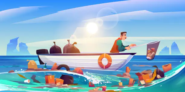 Vector illustration of Ocean polluted water cleanup eco pollution problem