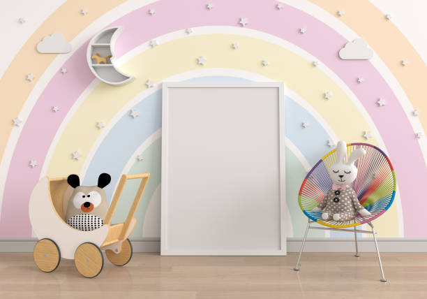 istock Empty photo frame for mockup in child room, 3D rendering 1223238651