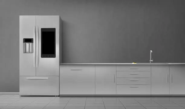 Vector illustration of Kitchen interior smart fridge and sink on tabletop