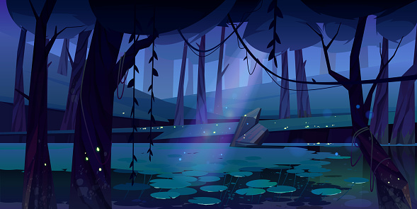 Swamp in tropical forest with fireflies at night. Fairy landscape with marsh, water lilies, trees trunks and rocks. Vector cartoon illustration of wetland, wild jungle with river or pond