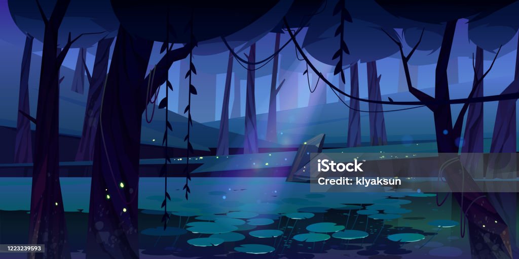 Vector landscape with swamp in night forest Swamp in tropical forest with fireflies at night. Fairy landscape with marsh, water lilies, trees trunks and rocks. Vector cartoon illustration of wetland, wild jungle with river or pond Forest stock vector