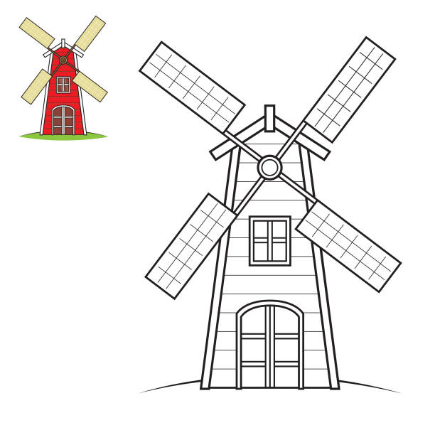 obraz ilustracji wiatraka związane z zwierząt gospodarskich jest czarno-biały obraz dla dzieci do malowania używane do pomocy dydaktycznych montaż książek dla dzieci lub wykorzystania dla nauczycieli do nauczania. - netherlands windmill farm farmhouse stock illustrations