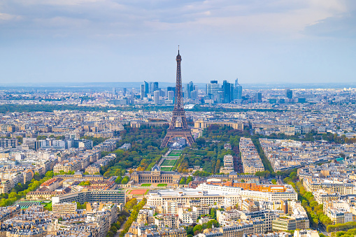 Beautiful Paris cityscape with Eiffel Tower from above. View from Montparnasse. Sunny Paris cityscape.