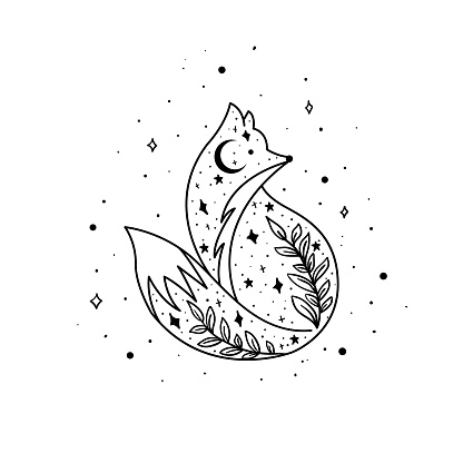 Mystical fox with moon and stars. Stars, constellations, moon. Hand drawn astrology symbol. For print for T-shirts and bags, decor element. Mystical and magical, astrology illustration