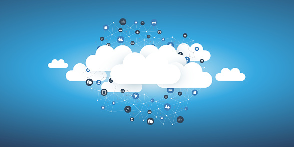 Abstract Cloud Computing and Global Network Connections, IT, IoT or Technology Concept Design Template with Icons - Illustration in Editable Vector Format