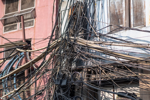 Electrical wires at a street of Old Delhi, India.