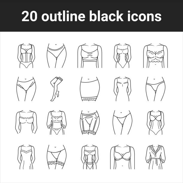 нижнее белье черные значки линии набор. категория женской одежды, включая, по крайней мере, нижнее белье, пижаму и легкие халаты. пиктограмм� - swimwear bikini lingerie panties stock illustrations