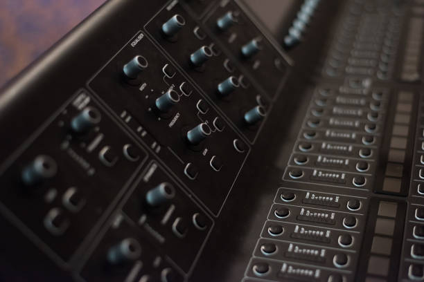 istock Audio sound mixer console. Audio mixer, music equipment. broadcasting tools, mixer, synthesizer. and computer control.Professional sound and audio mixer control panel with buttons and sliders. 1223248749