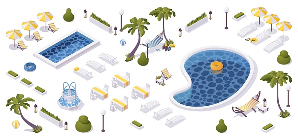 Isometric hotel outdoor design. Tropical palms, pools, sunbeds and hammocks in 3d concept scene.