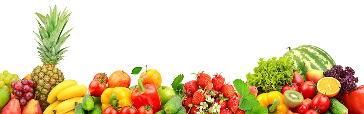 Wide panoramic photo fruits and vegetables isolated on white background
