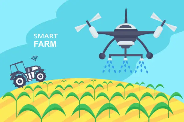Vector illustration of Concept of smart farm. Smart farming tech with irrigation drone and unmanned tractor with wi-fi technology. Innovation technology and automatic sprinkler copter. Can used for banner, poster, layout
