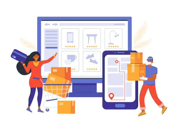 Vector illustration of Online order in an online store and contactless delivery. Online shopping and e-commerce. Woman makes purchases on the site. Courier in a medical mask delivers the product using the Navigator app.