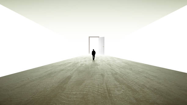istock Business man walking towards a door. Better future. White Background. 1223254926