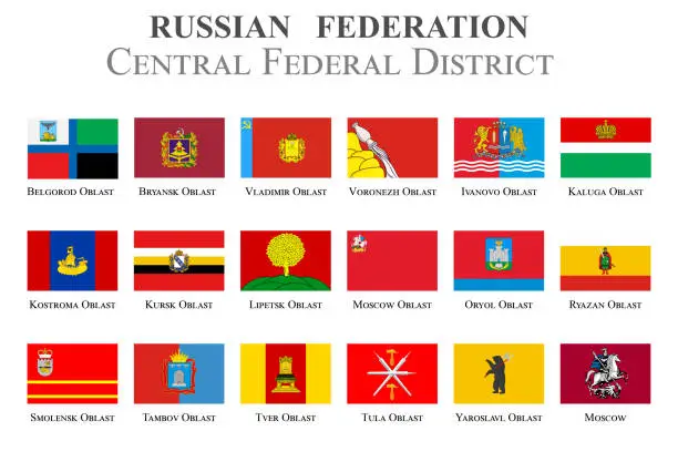 Vector illustration of Set of flags in the state coat of arms of the Central Federal District of the Russian Federation