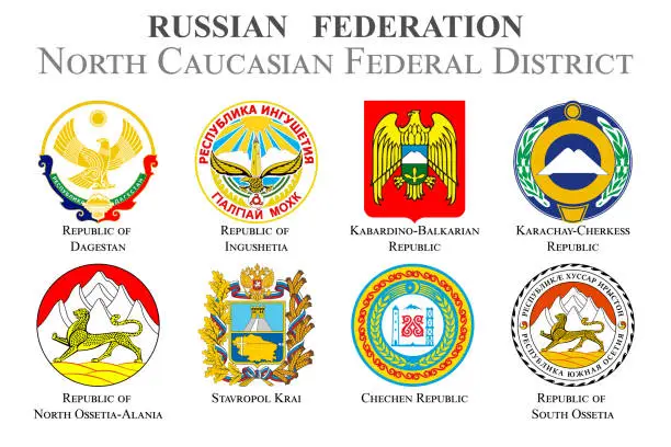 Vector illustration of Set of flags in the state coat of arms of the North Caucasian Federal District of the Russian Federation