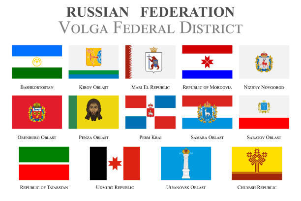 ilustraciones, imágenes clip art, dibujos animados e iconos de stock de conjunto de banderas en el escudo de armas del estado del distrito federal del volga de la federación de rusia - izhevsk