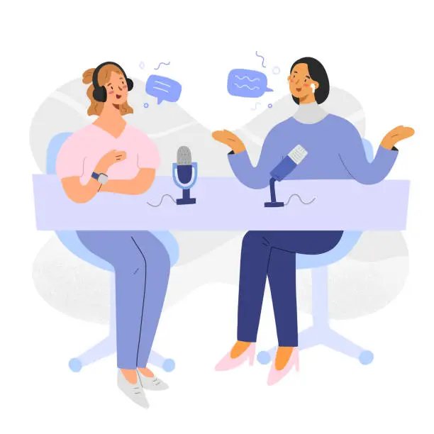Vector illustration of Podcast host with guest, women discussing and recording a program, cartoon characters, collaboration of bloggers making content with microphones, audio stream in studio, vector illustration
