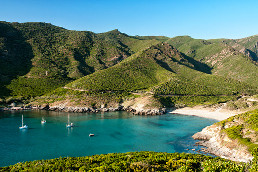 Beautiful view on Anse d’Aliso (plage d’Alisu) one of the most remote beaches of the western side of Cap Corse, the northern peninsula of the Corsica island famous for its wild landscape. Near Pino, Morsiglia, Luri, Centuri...