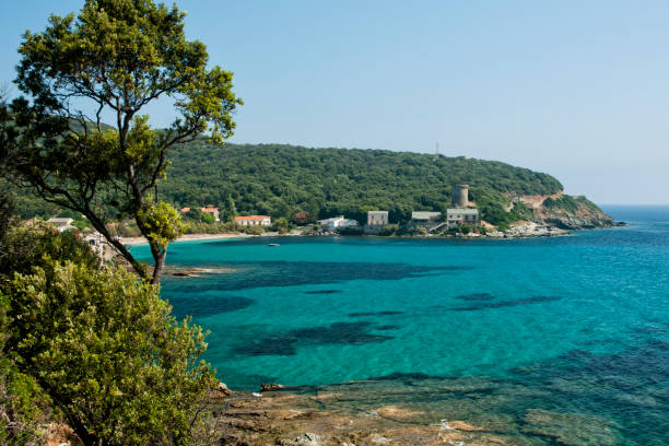 Coast Cap Corse with little village and Genoese defense tower