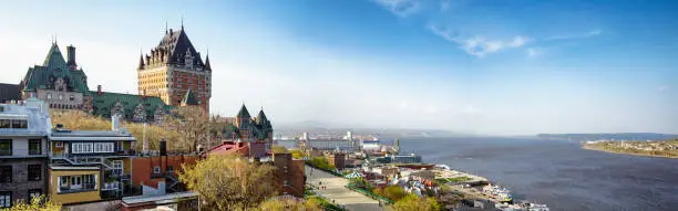 Photo of Quebec city elevated panoramic view featuring Saint-Lawrence river, Chateau Frontenac and old city