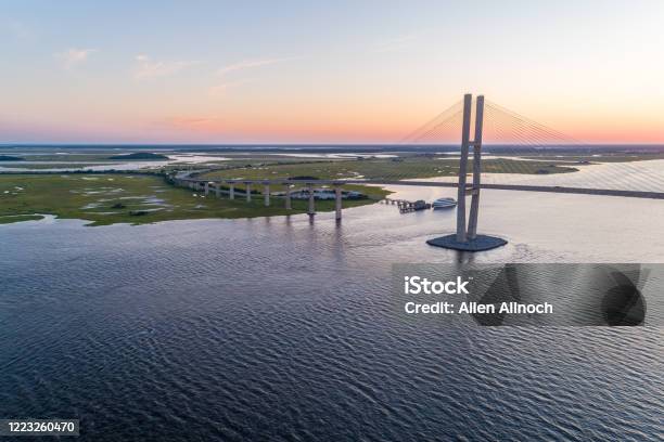 Drone View Of Georgia River And Bridge Stock Photo - Download Image Now - Georgia - US State, Brunswick - Georgia, Bridge - Built Structure