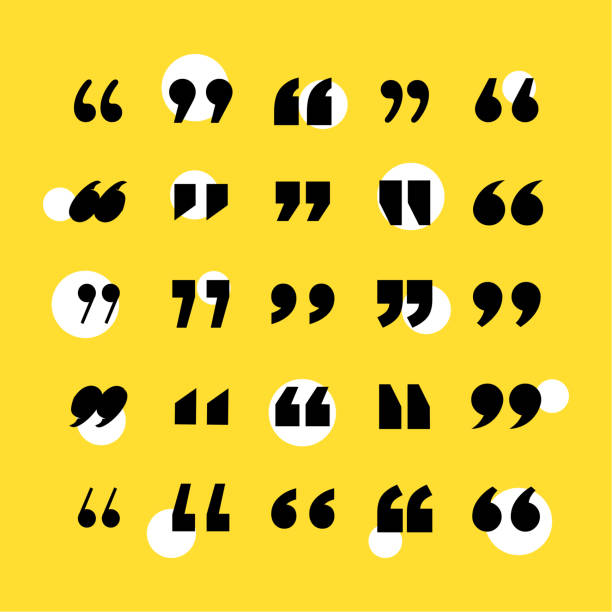 Quotation mark icon set. Yellow background. Quotation Mark, Speech Bubble, Icon Set, Punctuation Mark allegory painting illustrations stock illustrations