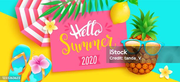 Hello Summer 2020 Bright Greeting Banner Stock Illustration - Download Image Now - Summer, Backgrounds, Beach