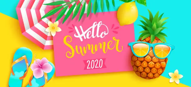 Vector illustration of Hello summer 2020 bright greeting banner.