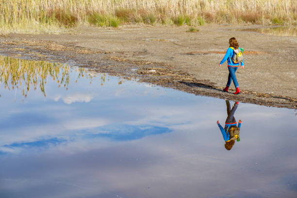 Woman walking by the lake.