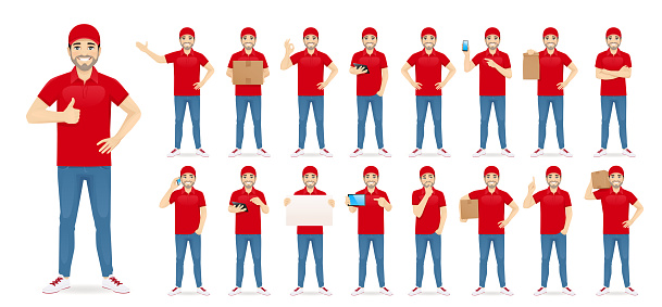 Handsome delivery man in red uniform standing in different poses set isolated vector illustration