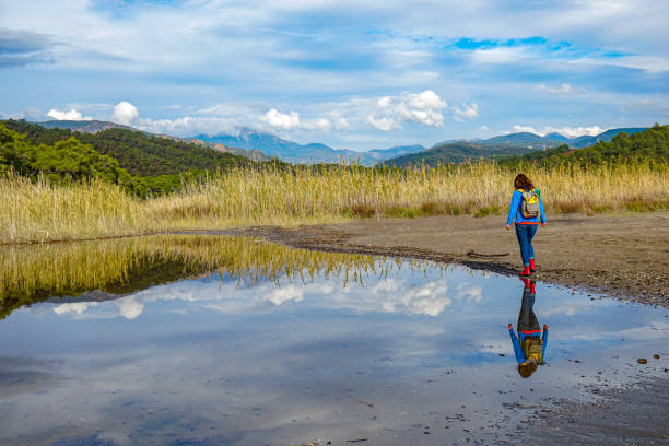 Woman walking by the lake.