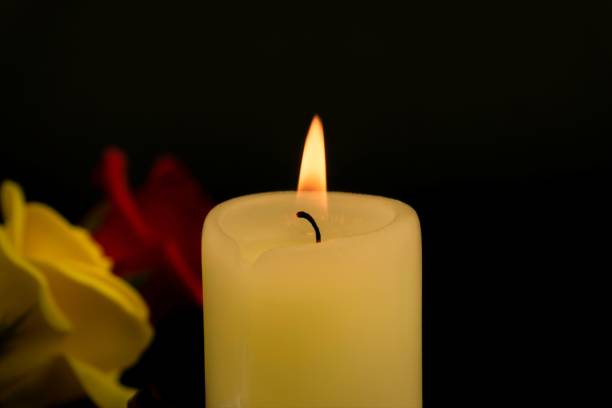 istock Burning yellow wax candle and two roses 1223267635