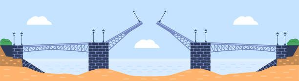 stockillustraties, clipart, cartoons en iconen met de vectorillustratie van de brug. het architectuurelement van de stad met kabels, snelweg en brug-bouw over de rivier met geïsoleerde rijbaan en lantaarns op kleurrijk landschap - ophaalbrug