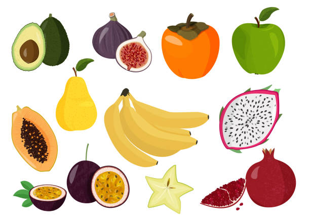 kolekcja wektorów świeżych owoców. zestaw słodkich owoców. persimmon, papaja, smoczy owoc, granat, marakuja, banan, gwiazda, gruszka i jabłko. - fig apple portion fruit stock illustrations
