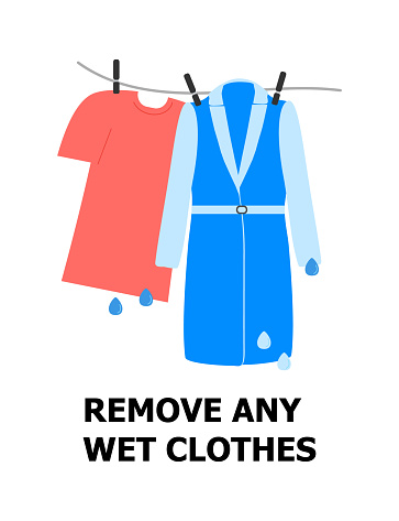 Remove any wet clothes illustration. T-shirt and coat are hanging and drying. First aid of frostbite. Simple health care vector.