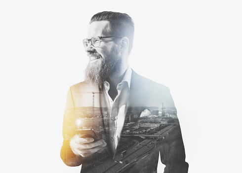 Businessman With Smartphone Double Exposure Concept