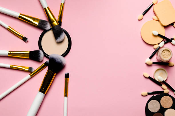 istock Flat lay composition with set of professional makeup brushes , bright, cosmetic, sponges, piink, background, beauty, powder,facial,soft,big,care 1223269689
