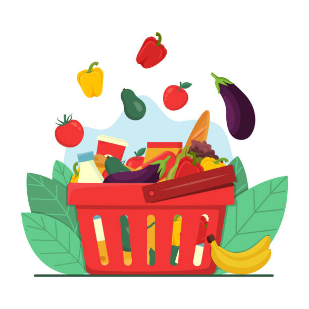 koncepcja zakupów spożywczych. czerwony plastikowy kosz na zakupy pełen produktów spożywczych. owoce i warzywa spadające do koszyka, koncepcja handlu detalicznego. sklep spożywczy. - tomato apple green isolated stock illustrations