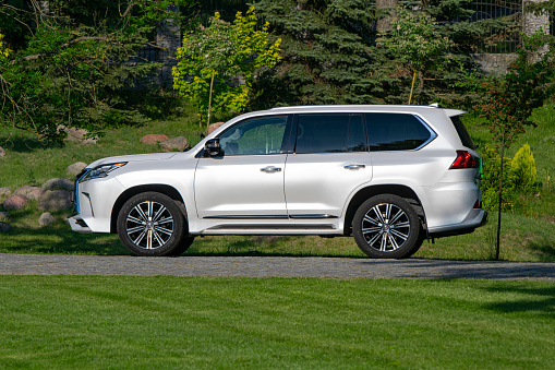 Zdiar, Slovakia - 4th June, 2019: Lexus LX570 parked on a road. This model is the largest SUV from Lexus (Toyota Group) in European offer.