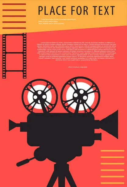 Vector illustration of Cinema background. Silhouette of vintage cinema projector on a tripod. Film festival template for banner, flyer, poster or tickets. Old movie projector with place for your text. Movie time concept